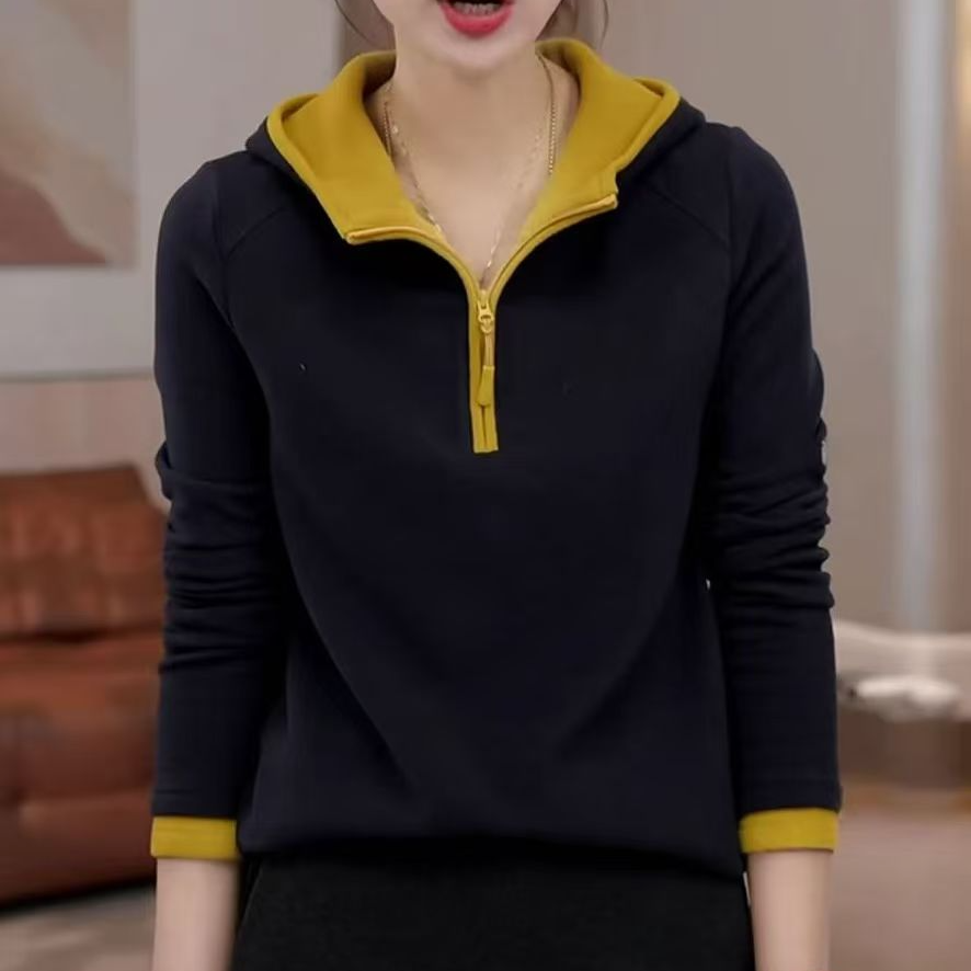 半开领拉链撞色连帽长袖上衣秋冬新款时尚潮流休闲设计感上衣511