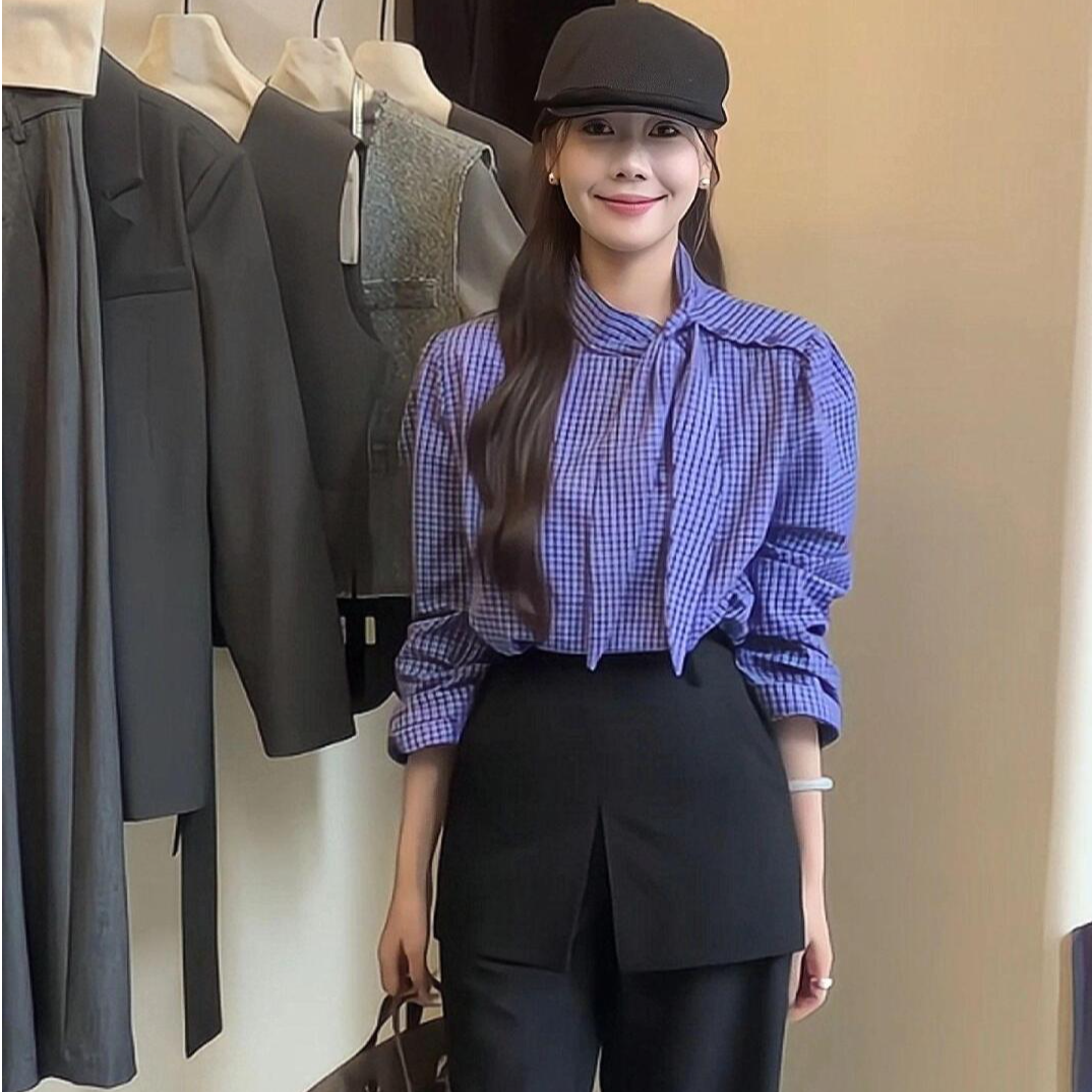 B874秋季韩版小个子气质蓝色格设计感上衣时尚衬衫
