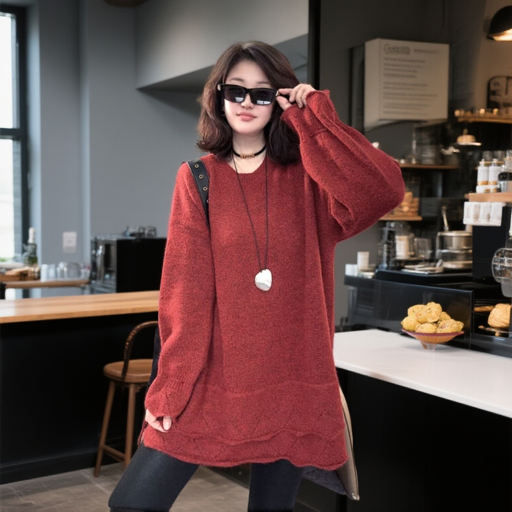 《悠悠家》新款时尚宽松慵懒设计底边圆领毛衣1177