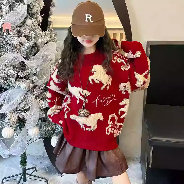 红色童装毛线衣加厚秋冬2025新款韩版女童洋气保暖针织衫内搭上衣