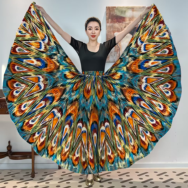 四季烫金款艾德莱斯民族风全松紧腰大摆半身裙带衬裙