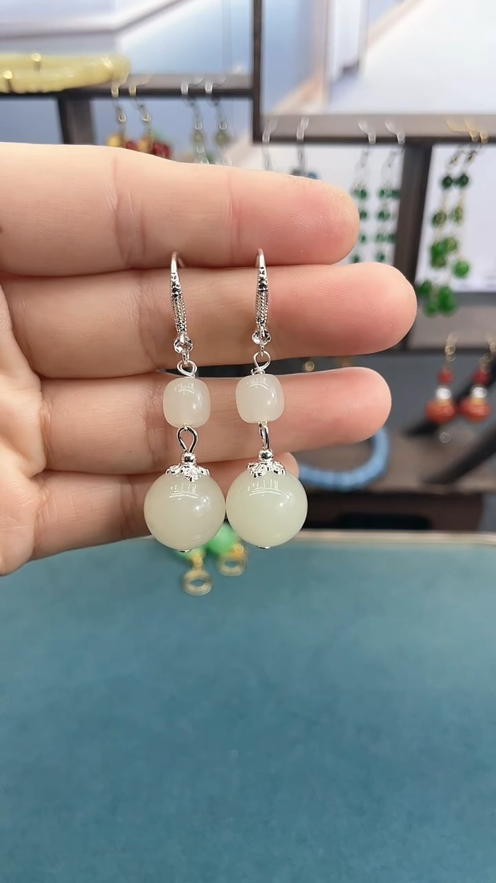 银S925镶嵌和田玉耳饰14mm白玉双珠