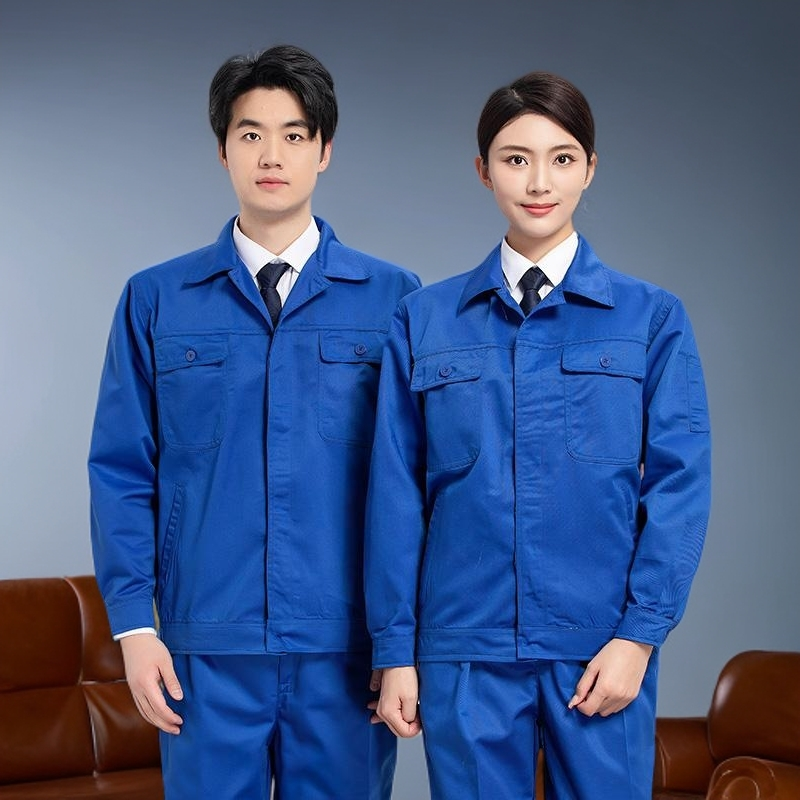 涤棉纱卡工作服单排扣春秋套装工装制服加厚上衣度假风长袖工服
