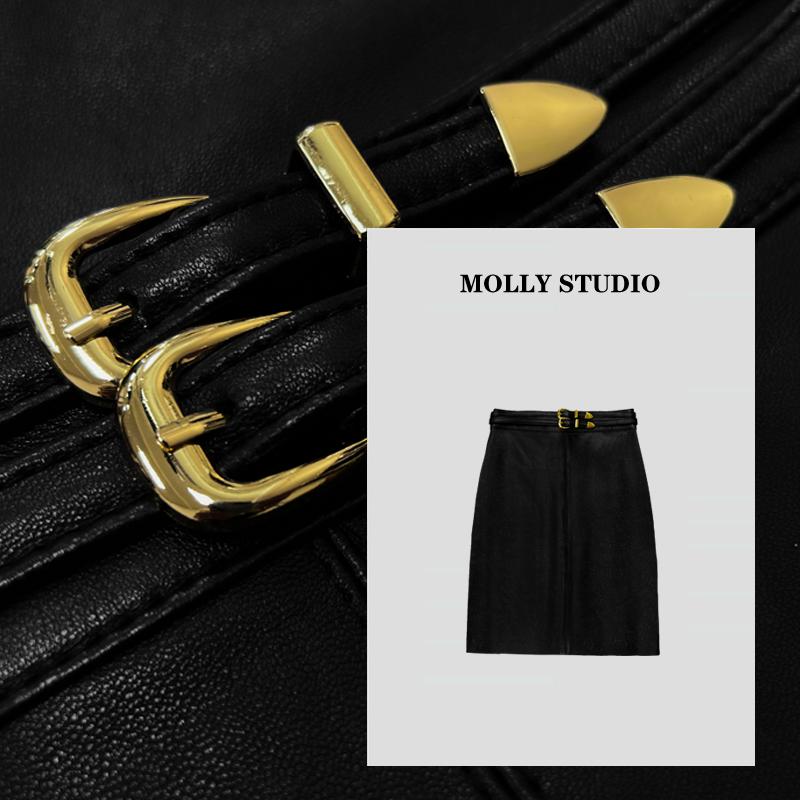 【律政佳人】Molly 时尚气质简约黑色百搭 半身裙皮裙 M2025579