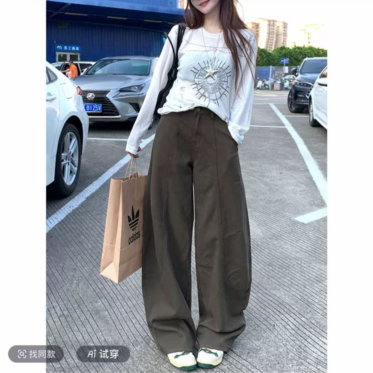 美式复古弯刀阔腿裤女2025年秋季新款高腰宽松显瘦休闲拖地裤7777