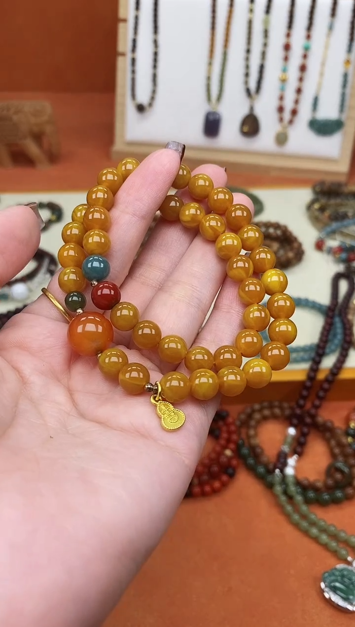 手链蜜蜡未镶嵌双圈蜜蜡和田南红蓝水手串