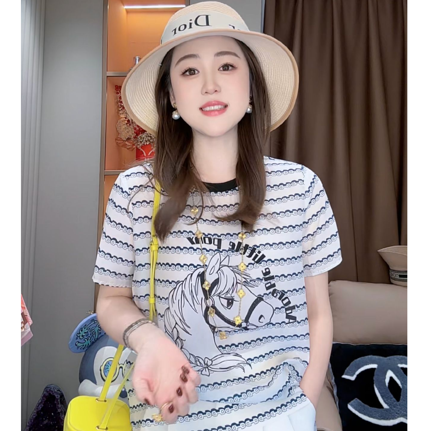 【丝芙玉禄】（F687）100%真丝双绉显瘦条纹减龄气质桑蚕丝t恤上衣