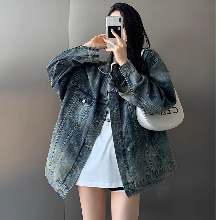J春季新款时尚韩版宽松复古怀旧水洗牛仔外套女百搭ins设计感上衣