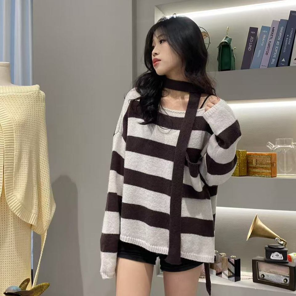 条纹拼色长袖针织衫精致洋气拍照上镜穿搭
