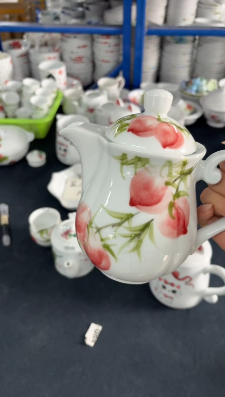 瓷片景德镇高温陶瓷食品级手绘釉中彩-桃子壶