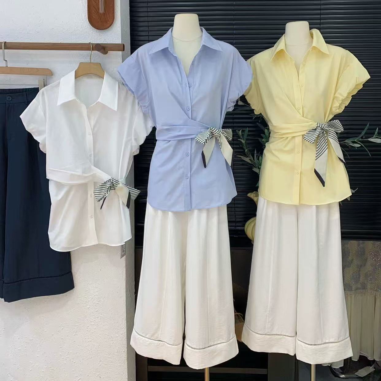 9980 MLLY侧边条纹系带衬衫上衣+阔腿裤两件长裤收腰衬衣套装XH