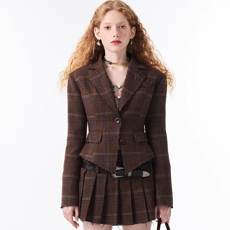 【青仓】1JINN STUDIO 宝藏西装 垫肩收腰外套+格纹毛呢百褶裙