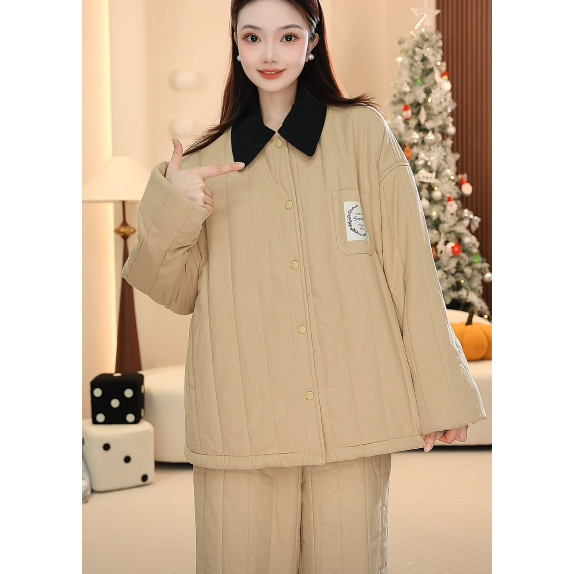 【杏仁曲奇】三层夹棉可外穿时尚冬季家居服加绒加厚睡衣套装