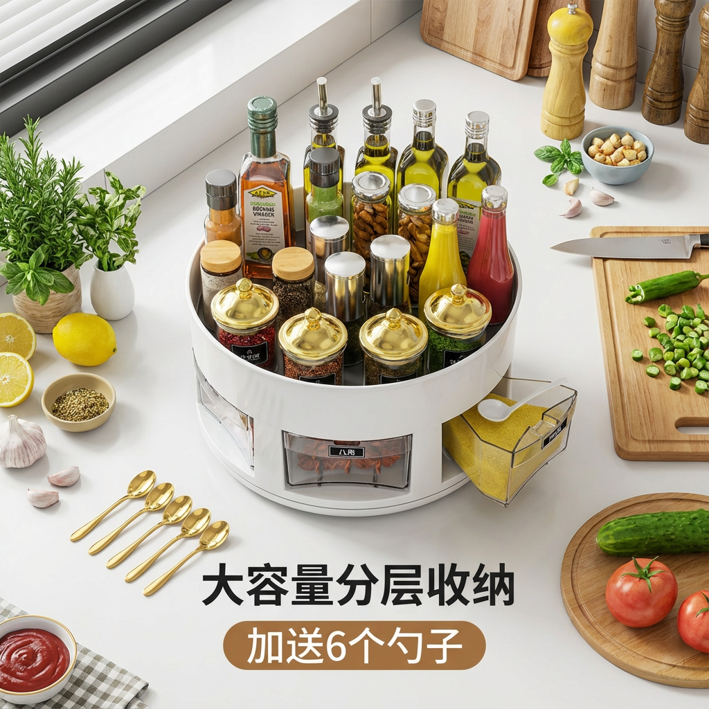 旋转轻奢台式简约家用架子收纳厨房收纳实用调料调料盒置物架储物