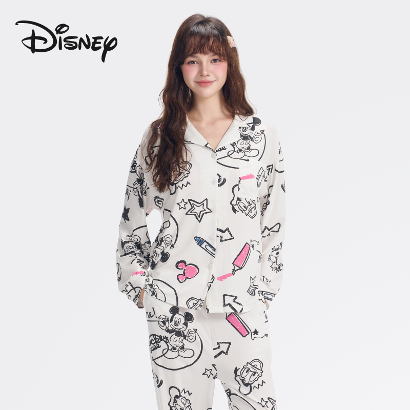 Disney/迪士尼莫代尔棉长袖涂鸦卡通女士可外穿宽松睡衣2026套装
