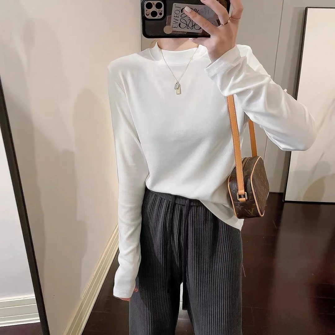 春装新款纯色百搭立领打底衫韩版女装白色长袖t恤内搭显瘦上衣服