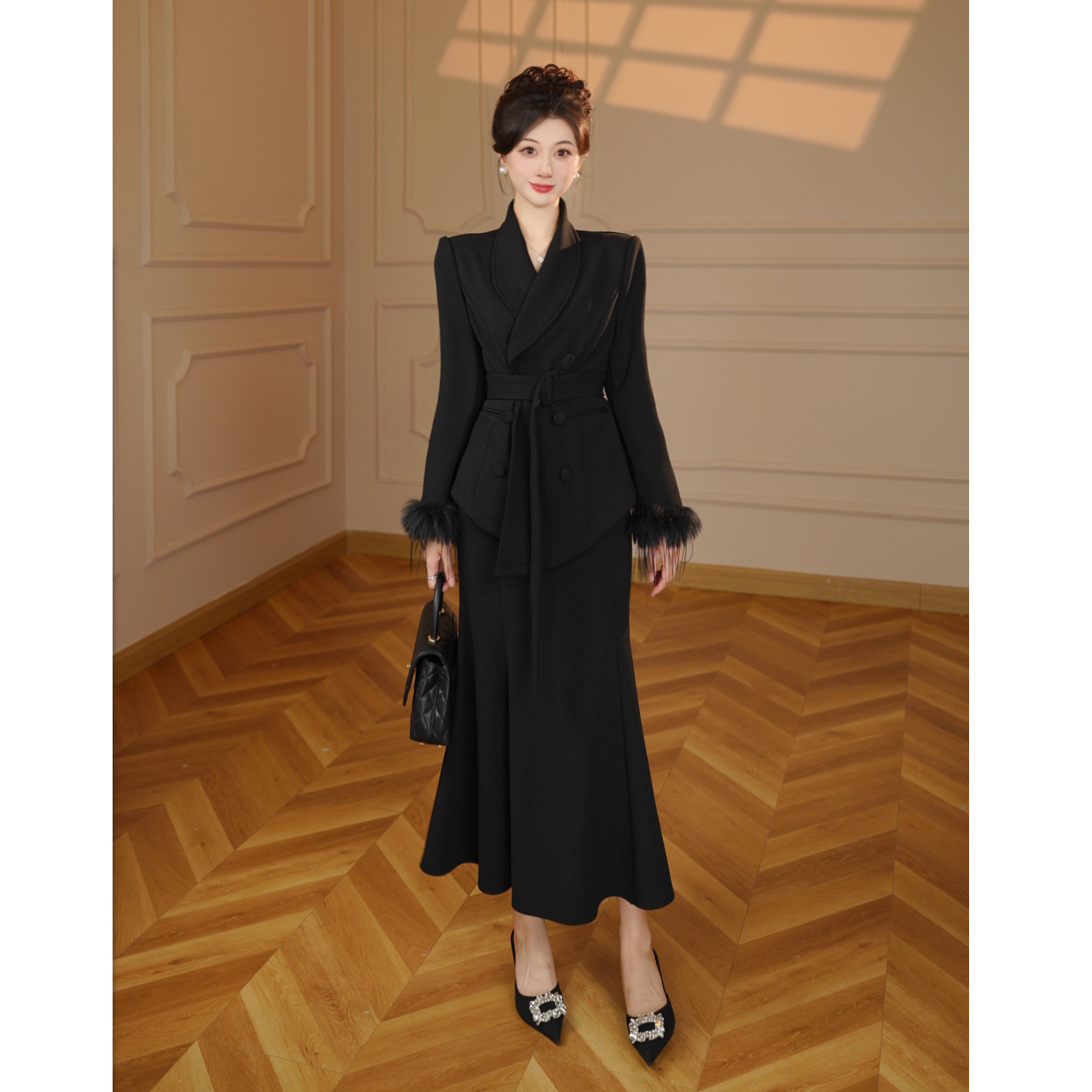 【张小小】【加绒加厚】【两件套】【送腰带】外套半身裙D4050