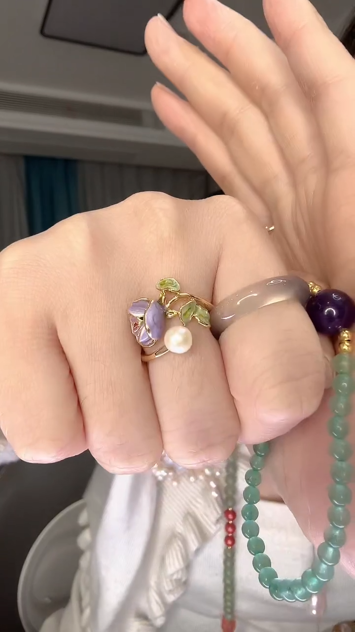 未镶嵌戒指淡水珍珠紫玫瑰花珍珠戒指