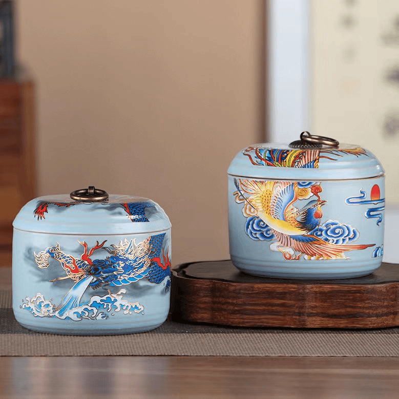 天青色龙凤陶瓷茶叶罐密封罐储茶罐（一对装）-1443