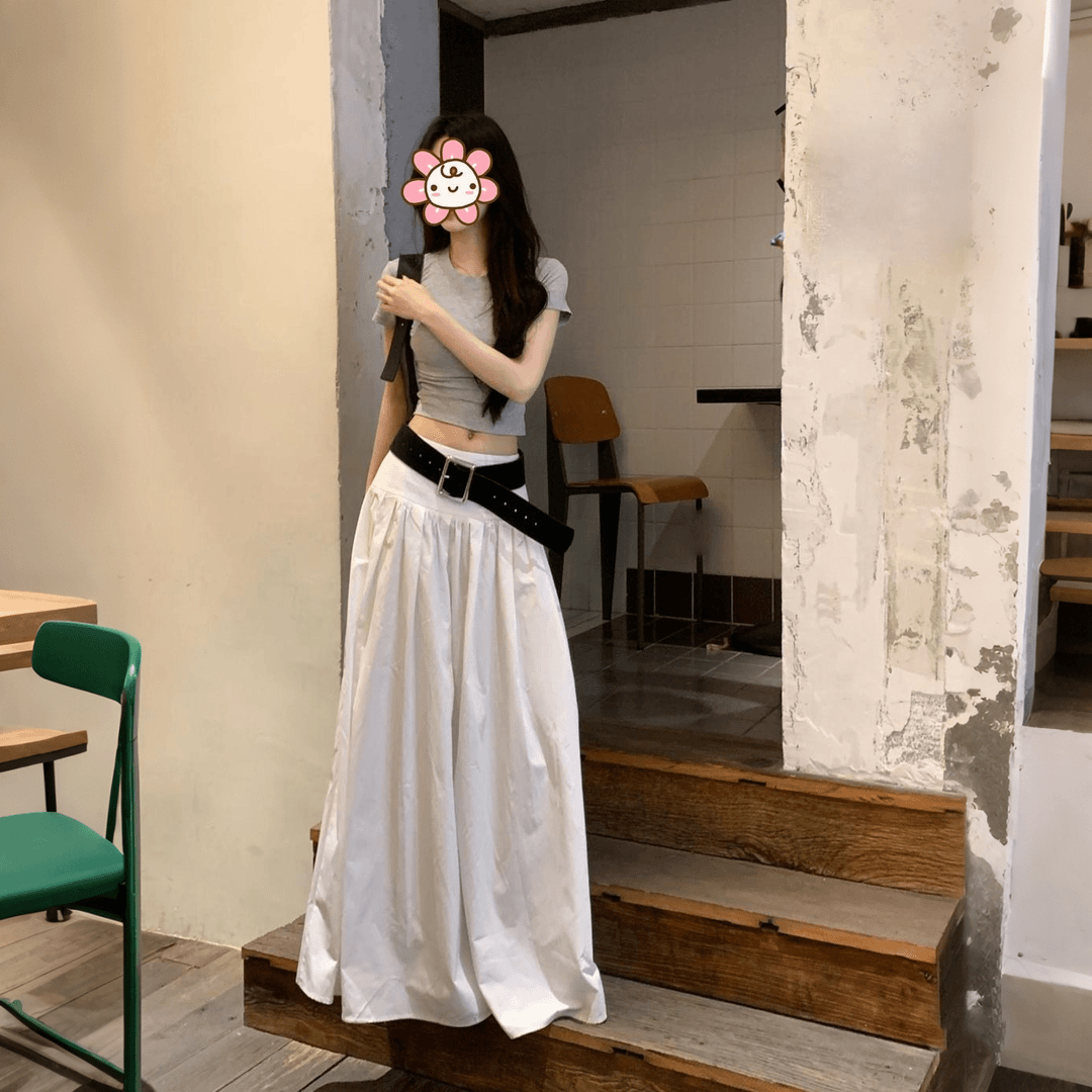 高级感气质辣妹宽松显瘦大摆长裙女夏季新款韩系百搭白色半身裙