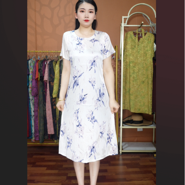 【福利浅蓝圆领】夏季妈妈装高端时尚连衣裙气质中年女装优雅长裙