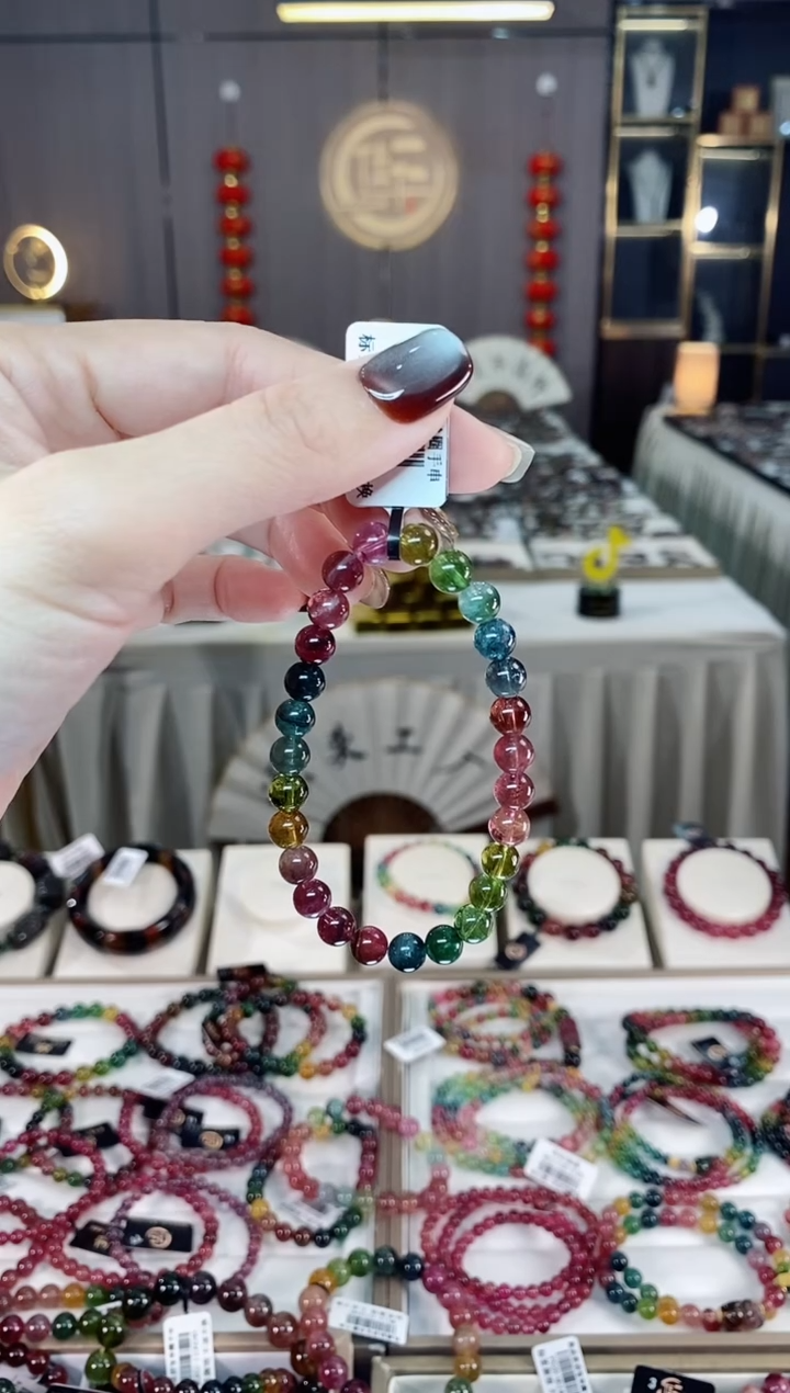 未镶嵌老矿碧玺色标彩虹单圈手串6mm+碧玺dan多样性发货一条