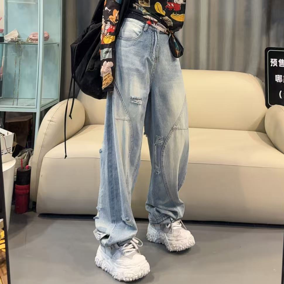 【文乐乐】夏季新款洋气个性裤脚时尚休闲潮流牛仔裤弯刀裤90088