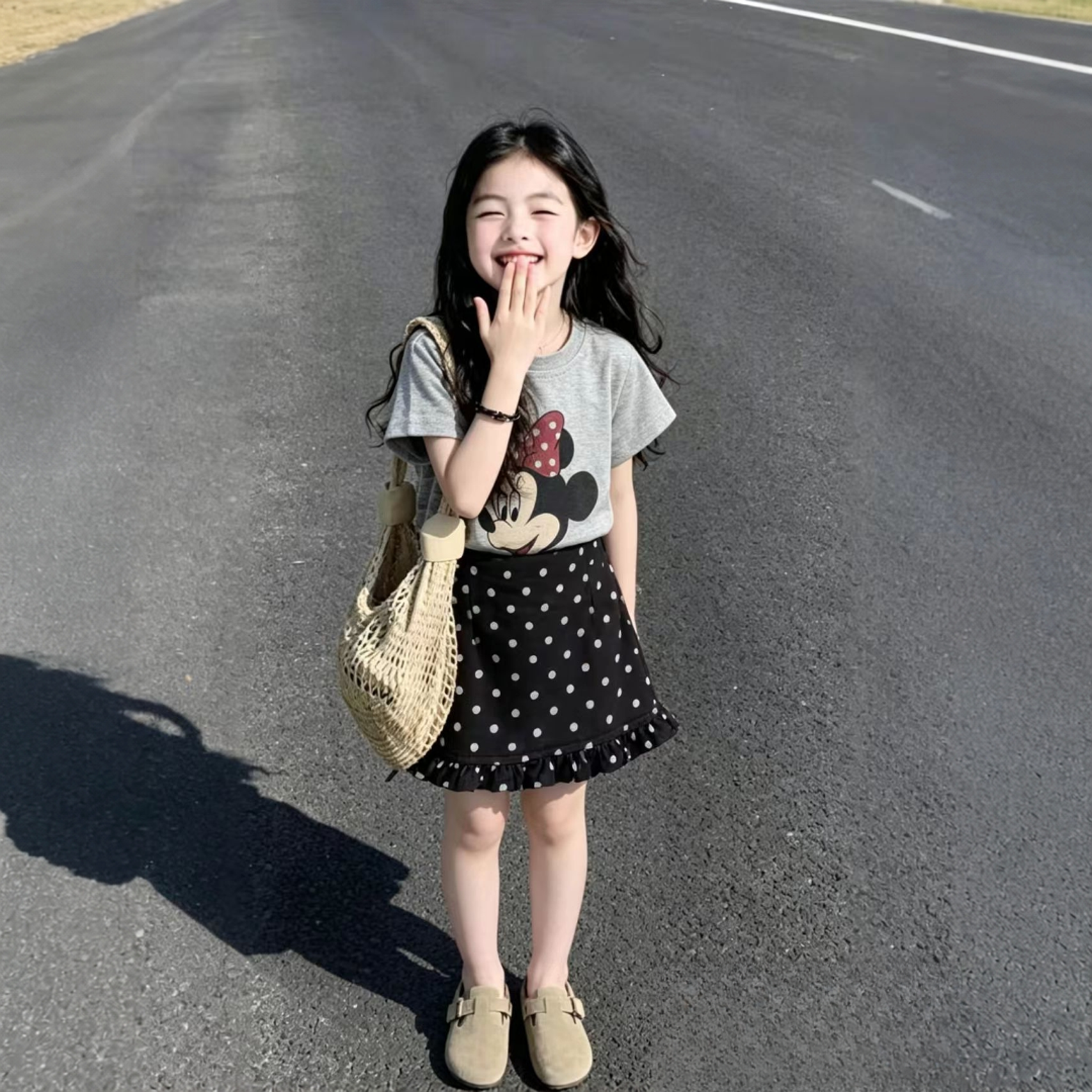 女童夏季新款韩版米奇印花短袖T恤波点花边半身裙套装洋气