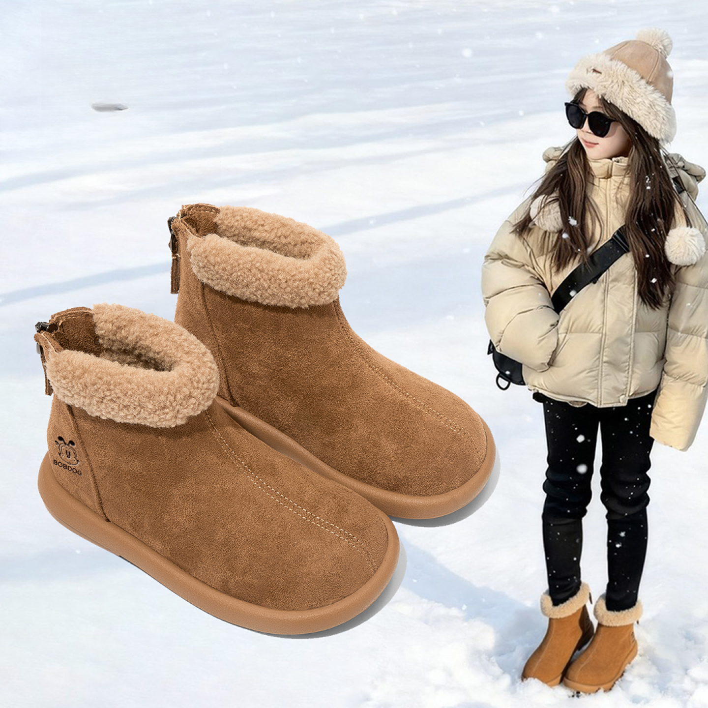 【冬季儿童棉靴】男女同款鞋子软底后拉链雪地靴冬季防滑保暖加绒