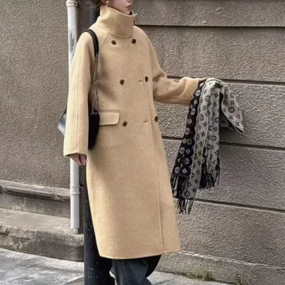 女拼接保暖长袖长款防风毛呢外套外套气质法式ins风