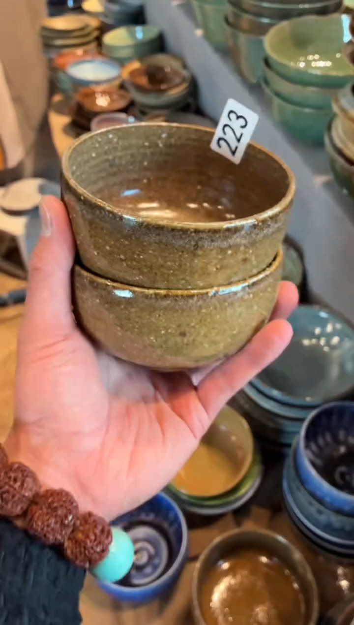 瓷片小*条223粗陶棕咖蛋壳碗2个