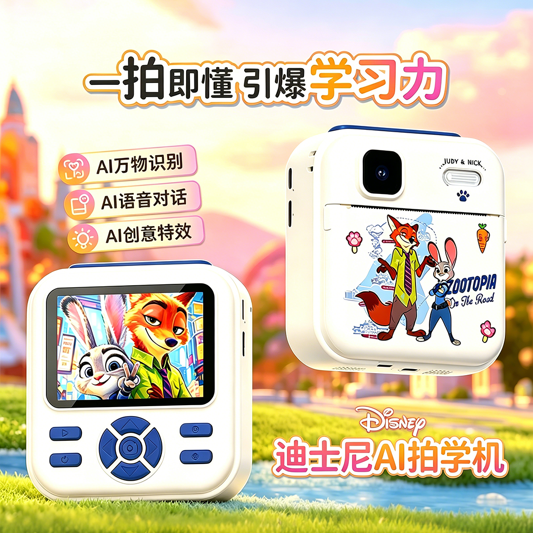 迪士尼AI拍学机 智能早教辅导 彩色拍立得相机 拍照录像 打印相片