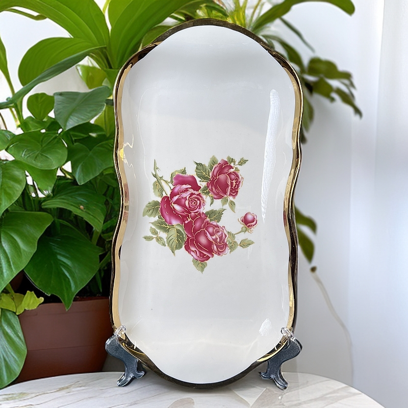 新疆包邮【红玫瑰陶瓷托盘】餐具托盘玫瑰花纹托盘陶瓷盘子家用