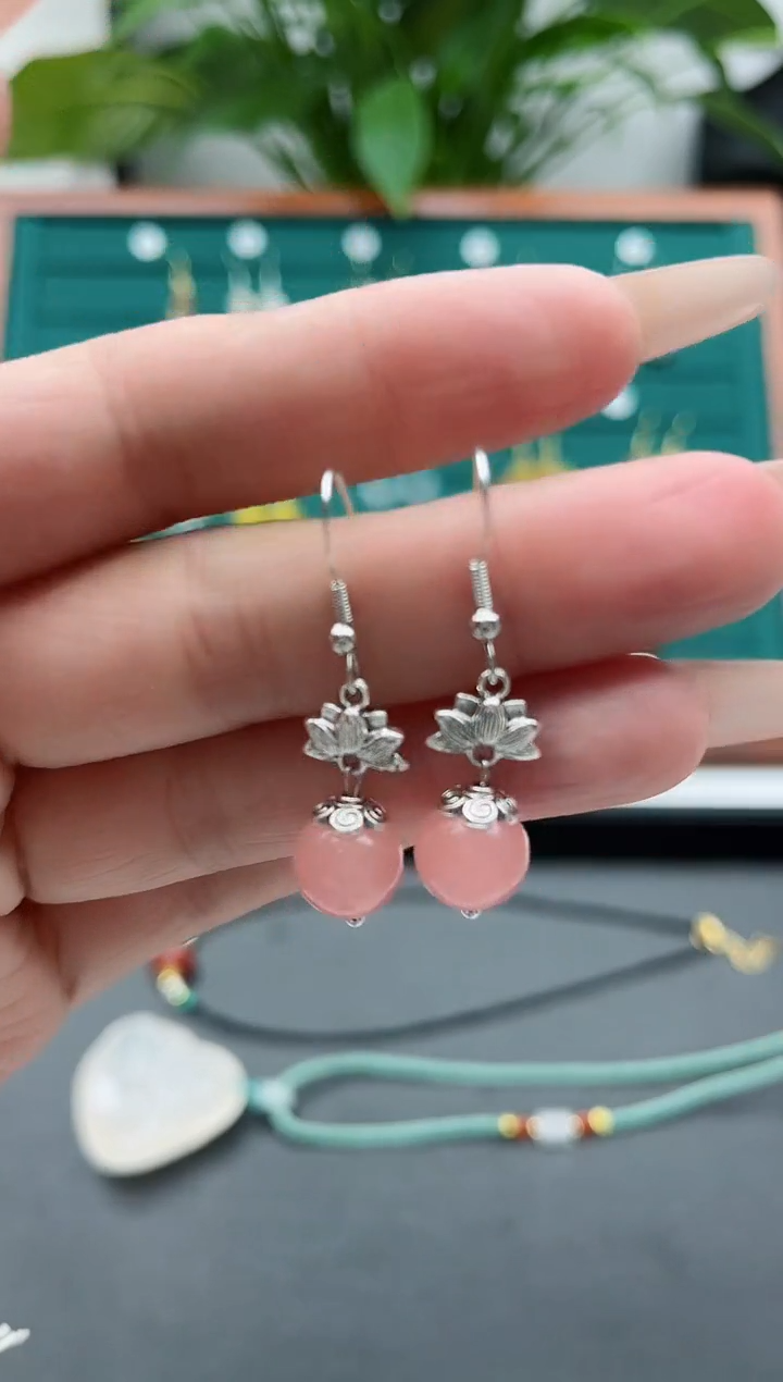 【闪购商品】玛瑙/玉髓耳饰银S925镶嵌1160粉玛瑙