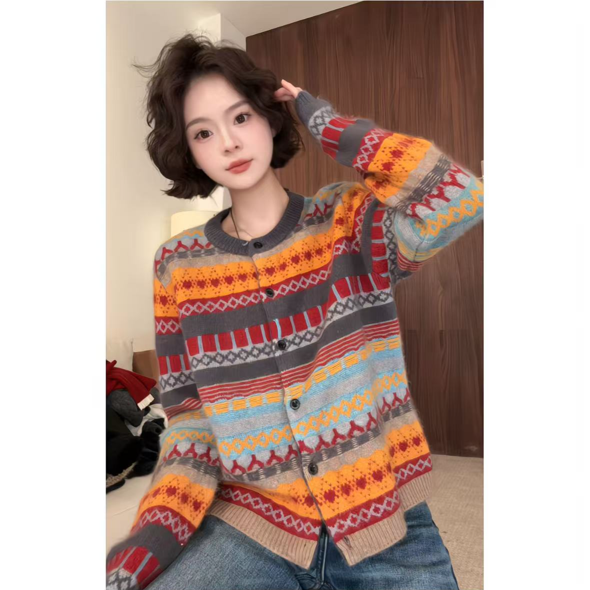 欧尼私服 2025冬款 极简百搭费尔岛撞色圆领针织开衫 2511C8403