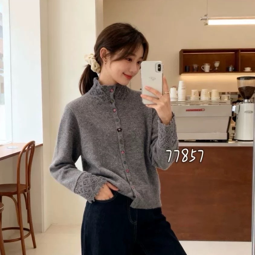 【运费补贴】蝴蝶扣灰色衬衫气质针织开衫女外套宽松上衣