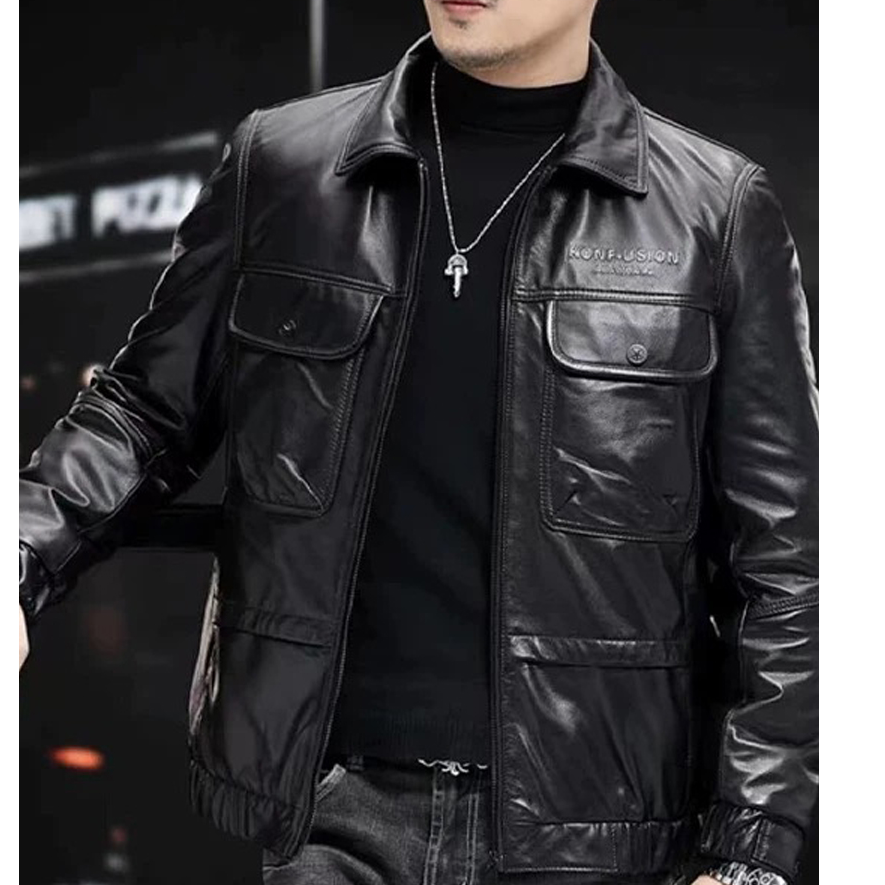 25新款真皮皮衣男头层牛皮短款翻领外套2个颜色内胆毛领可拆卸