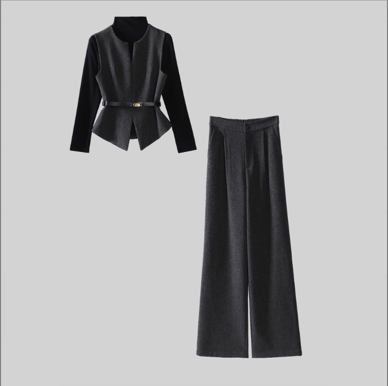 6621套装女秋冬新款洋气显瘦圆领马甲外套针织打底衫阔腿裤三件套