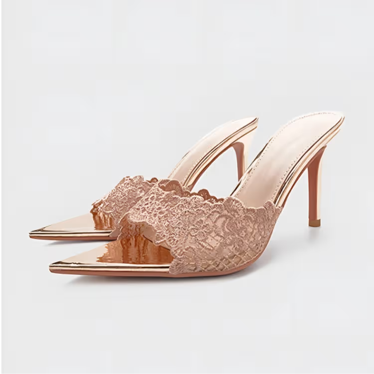 镂空蕾丝一字带尖头细跟高跟鞋女高跟凉鞋外穿拖鞋不累脚时尚性感
