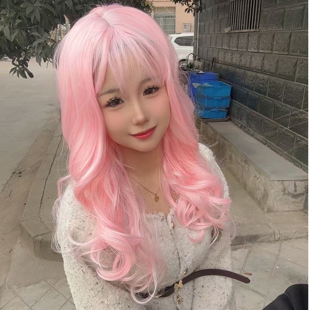 爆款浅粉色齐刘海大波浪全头套女士假发 赠送一个发网QC
