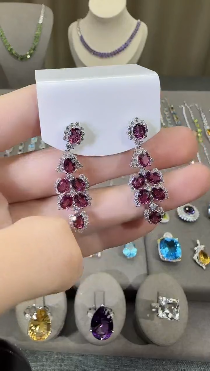 银S925镶嵌耳饰石榴石3*6mm耳坠设计款