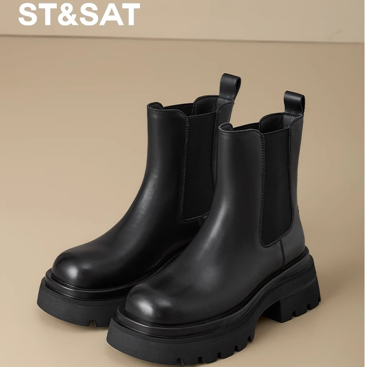 星期六厚底马丁靴女款2025新款冬季骑士短靴子女英伦黑色切尔西靴