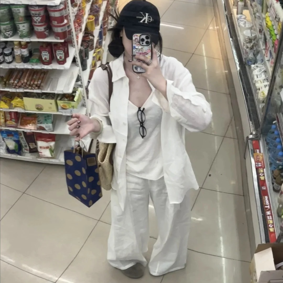 老钱风松弛感穿搭三件套2025春夏白色衬衫上衣背心休闲裤时尚套装