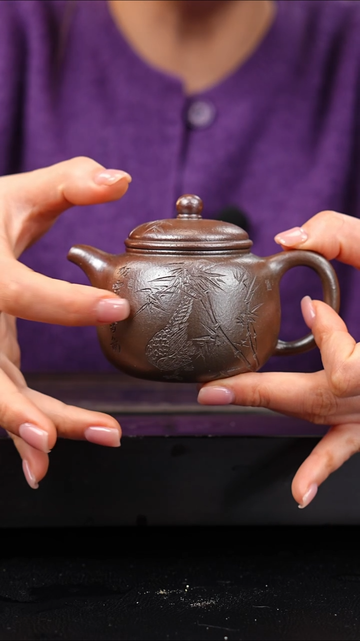 茶壶紫砂黄龙山朱泥匏尊柴烧刻绘200cc叶晓敏