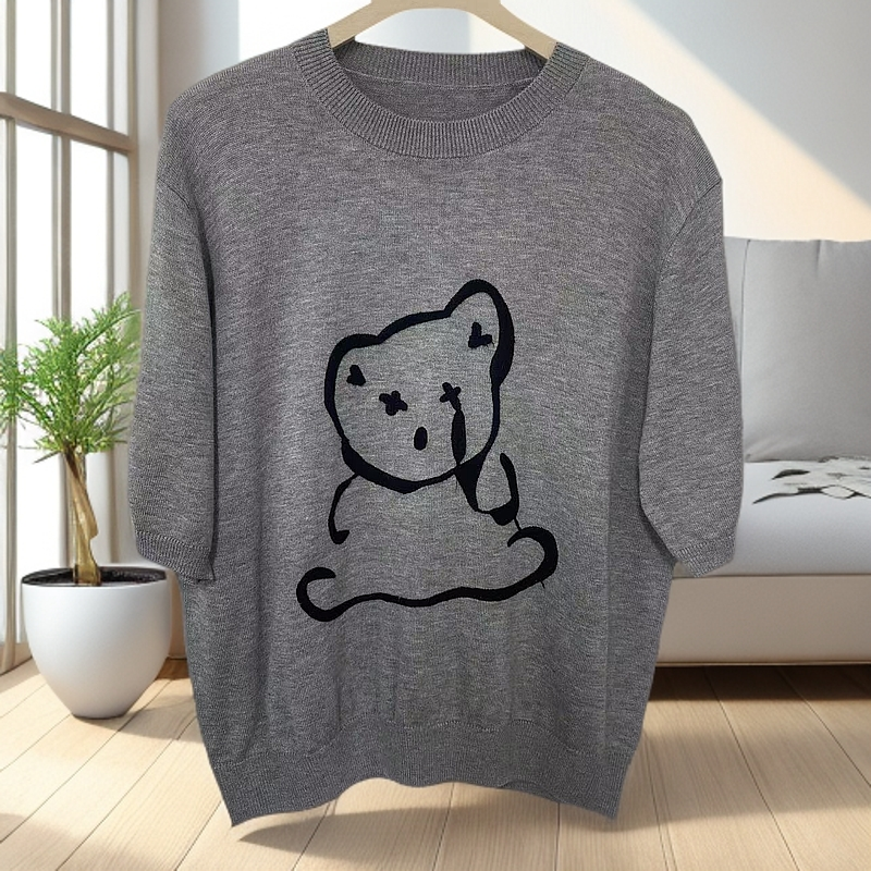 8142韩版小熊提花针织短袖宽松洋气上衣