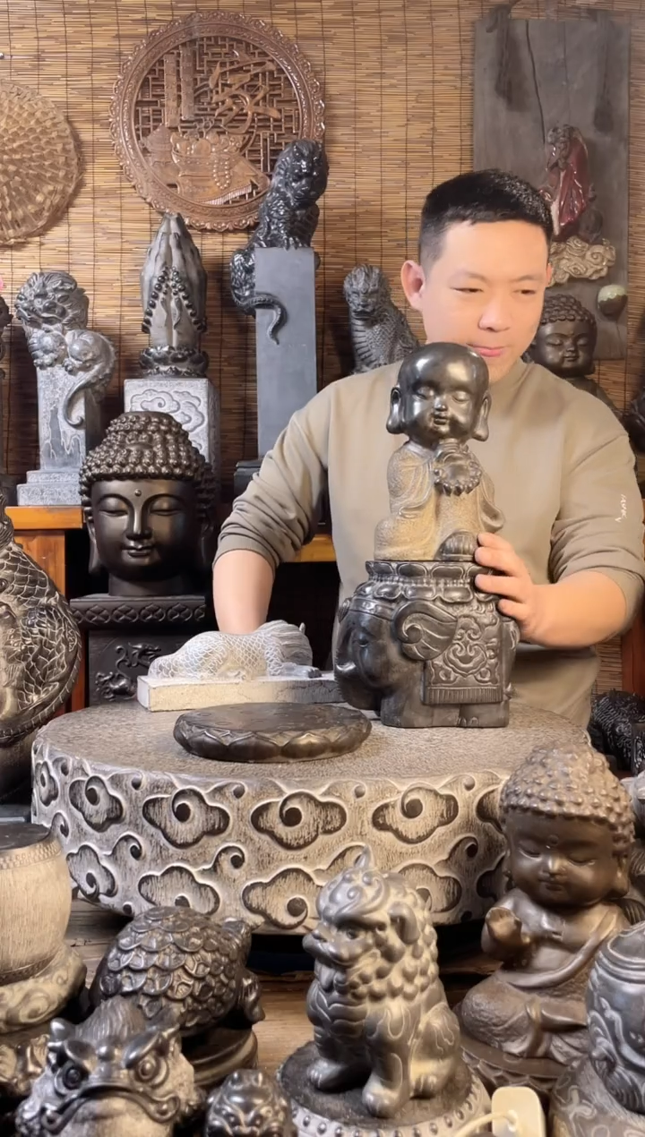 【闪购商品】23小沙弥+小象墩天然青石雕刻