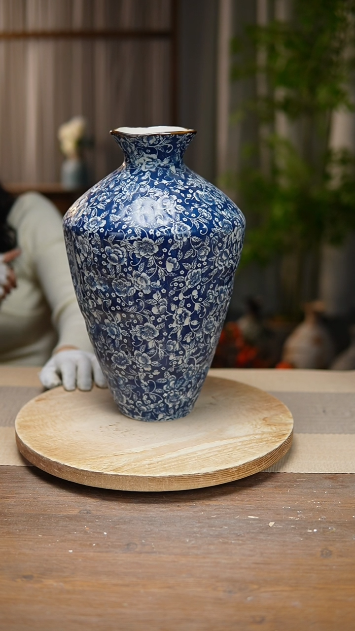 【闪购商品】陶瓷花器青花瓷芙蓉花高脚瑕疵