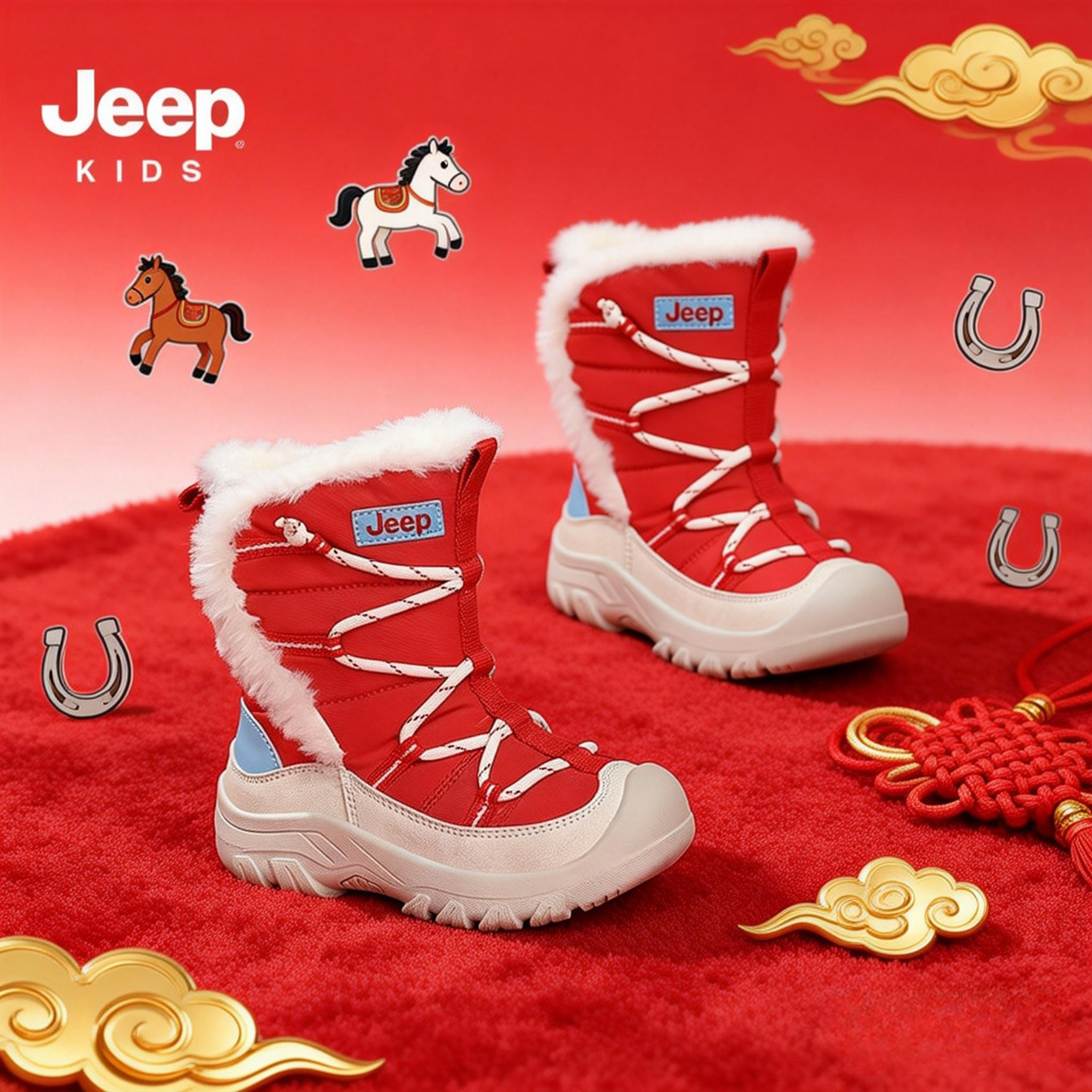 Jeep儿童新款户外防滑加绒大棉鞋男童女童高帮防滑防水保暖雪地靴商品图