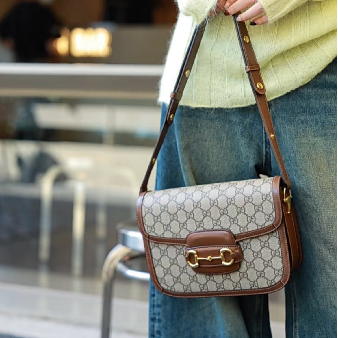 99新 GUCCI/古驰 蔚蓝/棕色老花1955 中号 马鞍包