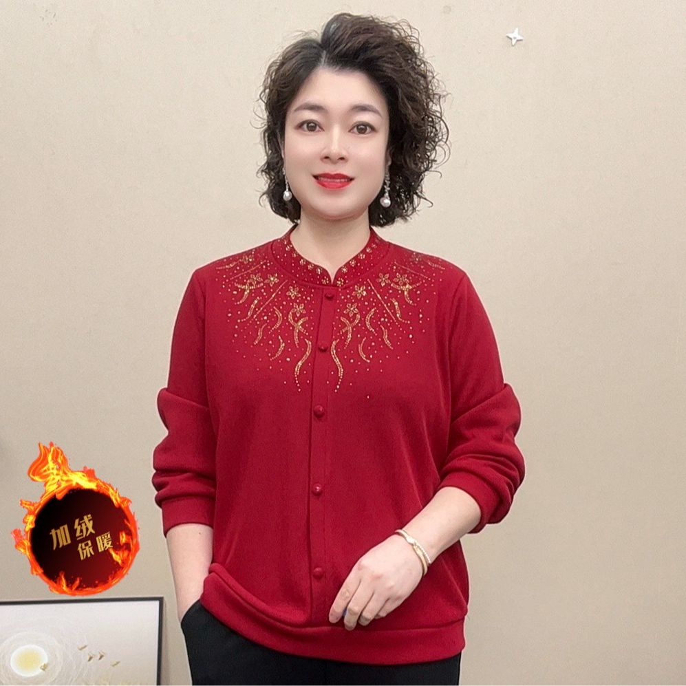 妈妈装冬季加绒加厚保暖针织烫钻时尚洋气新中式中老年女装上衣